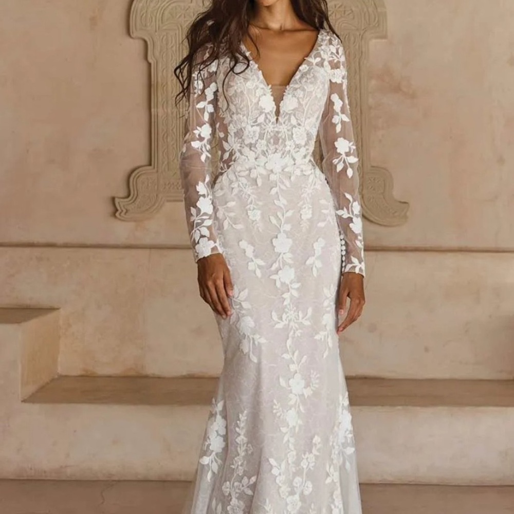 Ivory Long-Sleeve Lace Wedding Dress with Deep V-Neck